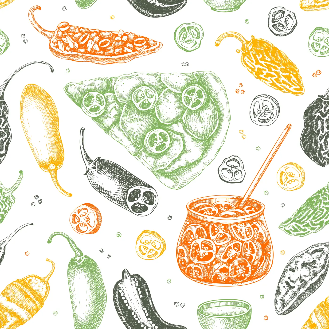 Mexican cuisine background. Ripe jalapeno chili pepper sketches. Hot spice seamless pattern. Healthy food hand drawn vector illustration. Jalapeno slices, seeds, chipotle for packaging, menu, fabric.  Illustration